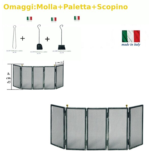 Parascintille per camino 5 ante In FERRO a LIBRO dimensioni 95x h 45 cm lavorazione artigianale in ferro rete nera