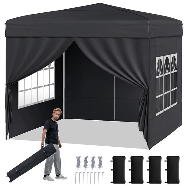 KOMFOTTEU, Gazebo pop-up 3x3 metri, gazebo da giardino pieghevole con pareti laterali removibili, struttura in metallo, finestre trasparenti, 4 sacchi di sabbia, borsa da trasporto, gazebo pieghevole per barbecue, picnic, campeggio (nero)