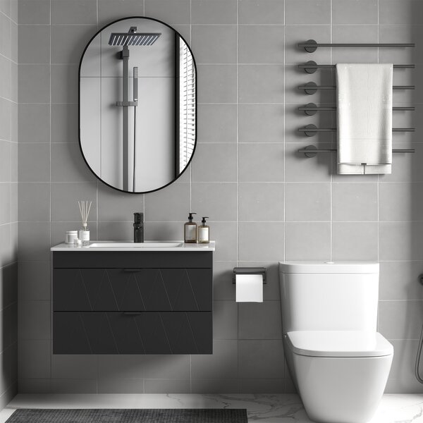 HOMCOM Mobiletto Sospeso per Lavabo con Lavabo in Ceramica e Cassetti Soft-Close Nero | Aosom Italy