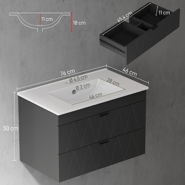 HOMCOM Mobiletto Sospeso per Lavabo con Lavabo in Ceramica e Cassetti Soft-Close Nero | Aosom Italy