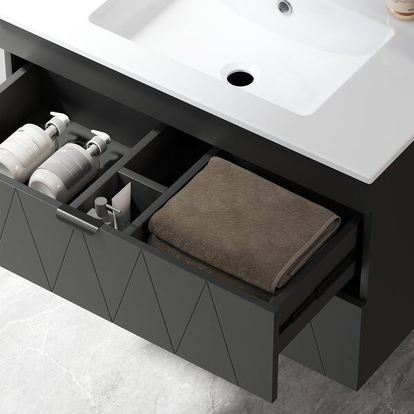 HOMCOM Mobiletto Sospeso per Lavabo con Lavabo in Ceramica e Cassetti Soft-Close Nero | Aosom Italy