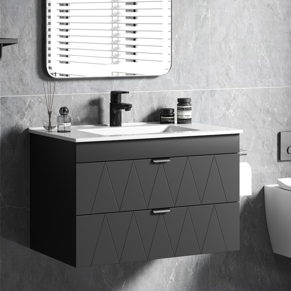 HOMCOM Mobiletto Sospeso per Lavabo con Lavabo in Ceramica e Cassetti Soft-Close Nero | Aosom Italy