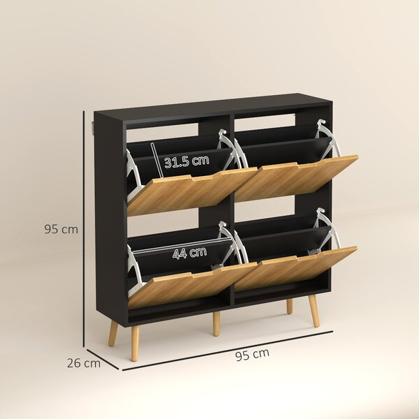 HOMCOM Mobile Portascarpe Stretto con 4 Cassetti Ribaltabili e Ripiani Regolabili per 16 Paia 95x26x95 cm Naturale e Nero | Aosom Italy