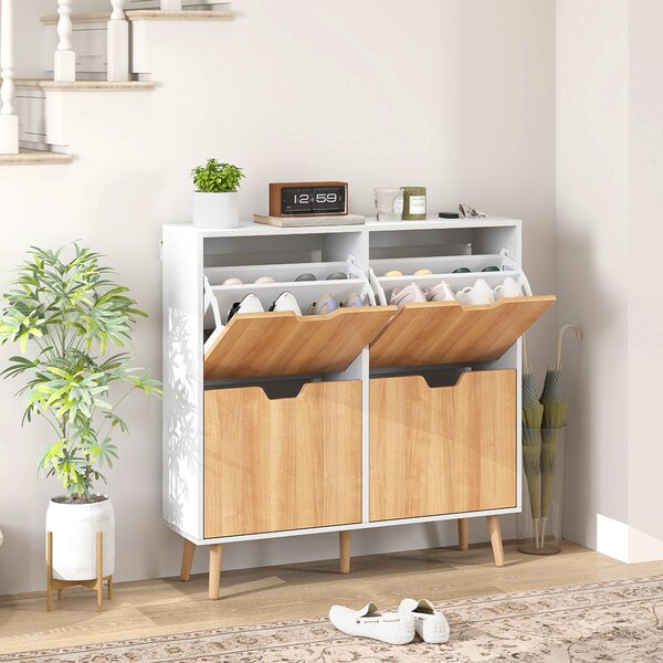 HOMCOM Scarpiera Stretta con 4 Cassetti Pieghevoli e Ripiani Regolabili per 16 Paia 95x26x95 cm Naturale e Bianco | Aosom Italy