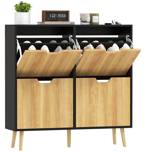 HOMCOM Mobile Portascarpe Stretto con 4 Cassetti Ribaltabili e Ripiani Regolabili per 16 Paia 95x26x95 cm Naturale e Nero | Aosom Italy