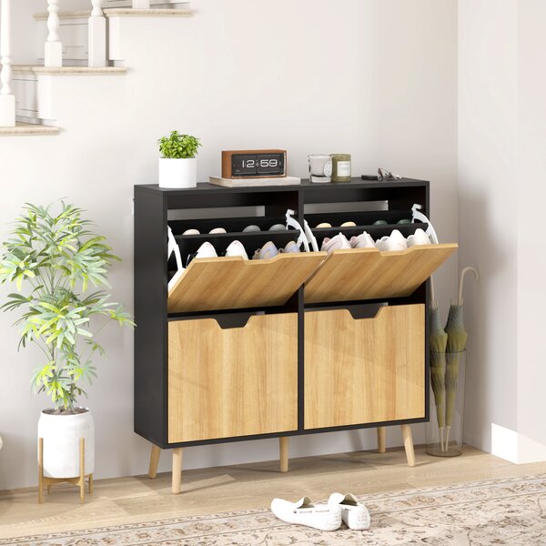 HOMCOM Mobile Portascarpe Stretto con 4 Cassetti Ribaltabili e Ripiani Regolabili per 16 Paia 95x26x95 cm Naturale e Nero | Aosom Italy