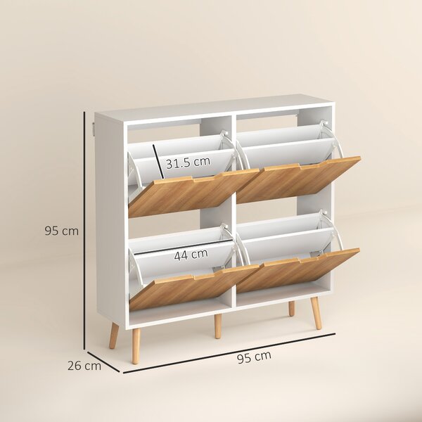 HOMCOM Scarpiera Stretta con 4 Cassetti Pieghevoli e Ripiani Regolabili per 16 Paia 95x26x95 cm Naturale e Bianco | Aosom Italy