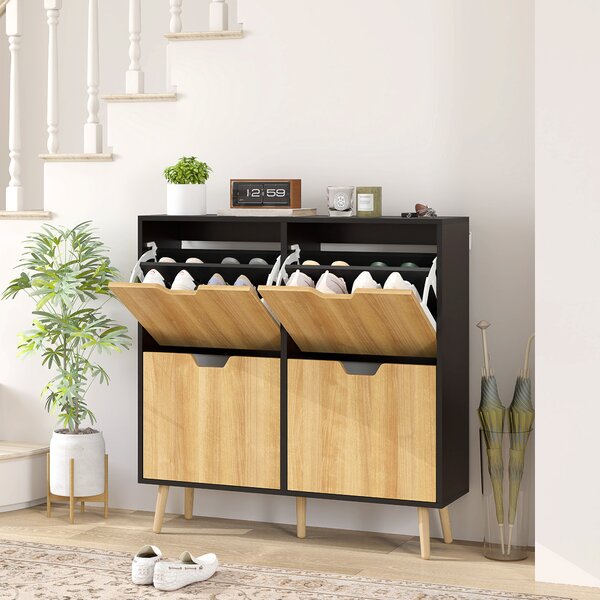 HOMCOM Mobile Portascarpe Stretto con 4 Cassetti Ribaltabili e Ripiani Regolabili per 16 Paia 95x26x95 cm Naturale e Nero | Aosom Italy
