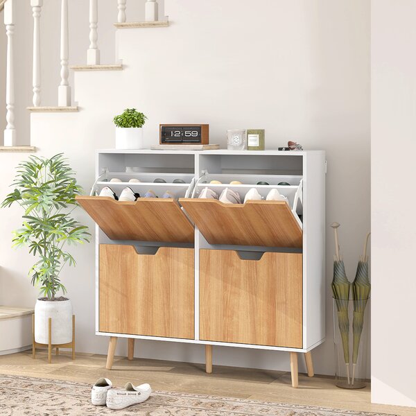 HOMCOM Scarpiera Stretta con 4 Cassetti Pieghevoli e Ripiani Regolabili per 16 Paia 95x26x95 cm Naturale e Bianco | Aosom Italy