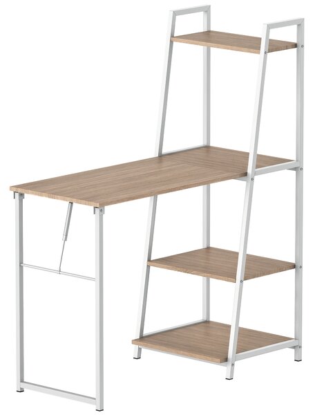 HOMCOM Scrivania con Libreria, 3 Ripiani, Scrivania Pieghevole con Ampio Pianoin Legno, Telaio in Metallo, Bianco e Rovere, 106x48x128cm|Aosom