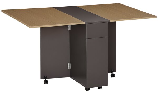 HOMCOM Tavolo Pieghevole Rettangolare da Pranzo in Truciolato con 2 Cassetti, un Armadietto e 6 Ruote, max. 6 Persone, 140x76x74cm, Color Legno|Aosom