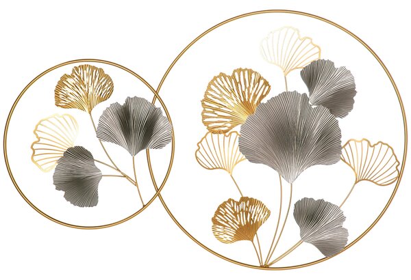 HOMCOM Decorazione Murale 3D in Metallo, Wall Art Dorata con Foglie di Ginkgo in due Cornici Rotonde, 138x70 cm, Oro e Argento|Aosom