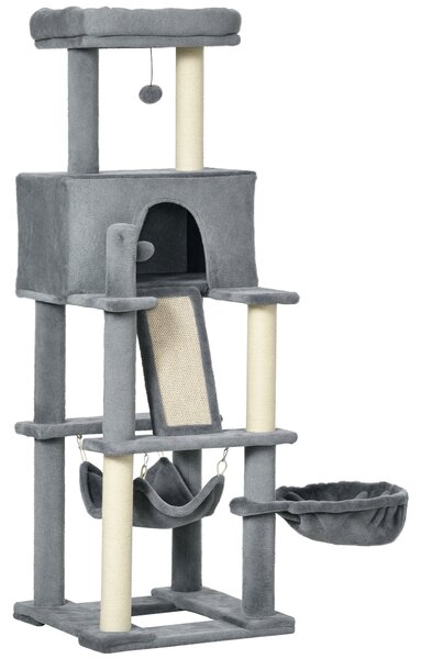 PawHut Albero Tiragraffi per Gatti con Pali in Sisal, Casetta, Lettino e Amache, 48x48x140cm, Grigio|Aosom