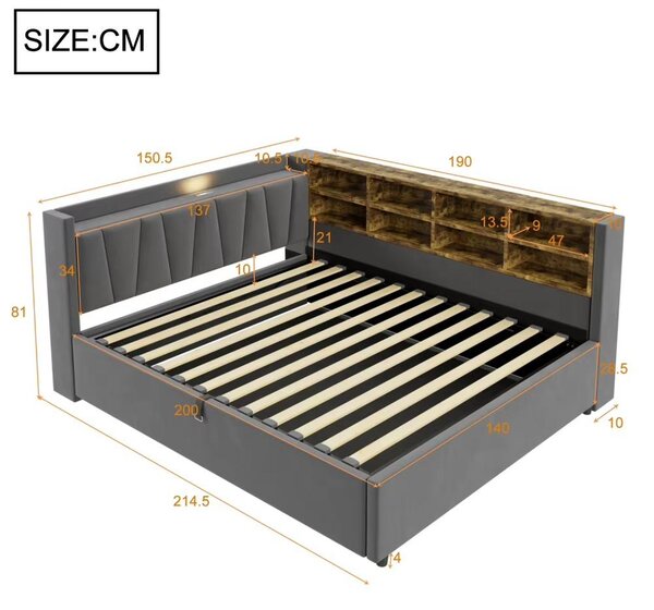 Divano letto - Divano letto rivestito in velluto - 140 x 200 cm - Con spazio contenitore - Meccanismo di sollevamento idraulico - Poggiatesta imbottito - Grigio scuro