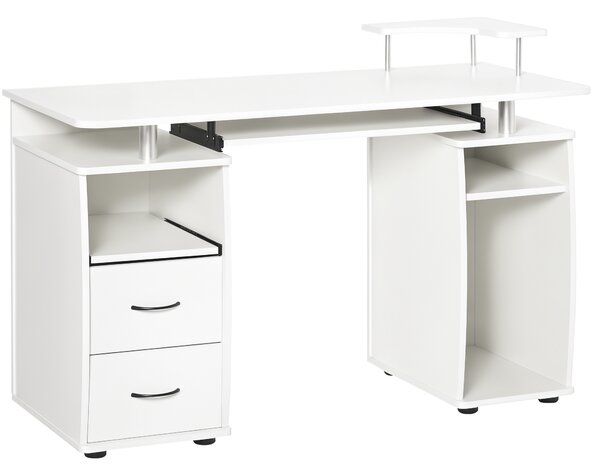 HOMCOM Scrivania per PC con Ripiano per Tastiera e per Monitor e 2 Cassetti, 120x55x85 cm, Bianca|Aosom