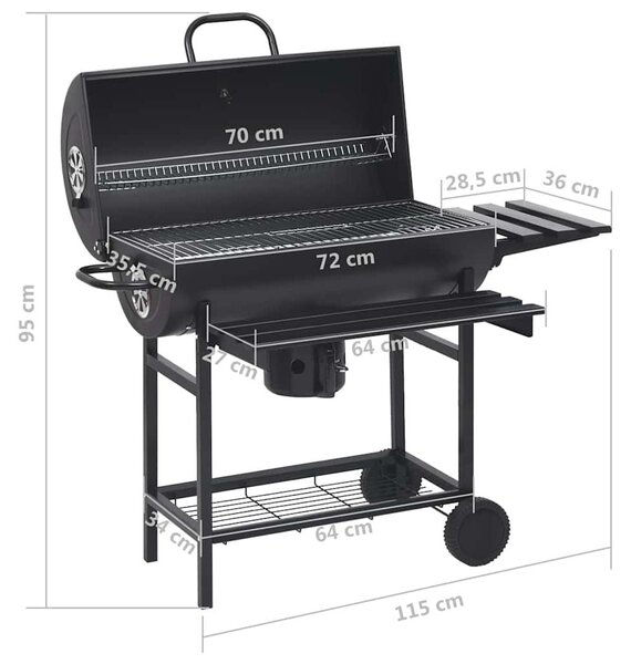VidaXL Carrello per barbecue con ruote e ripiani in acciaio nero 115x85x95 cm