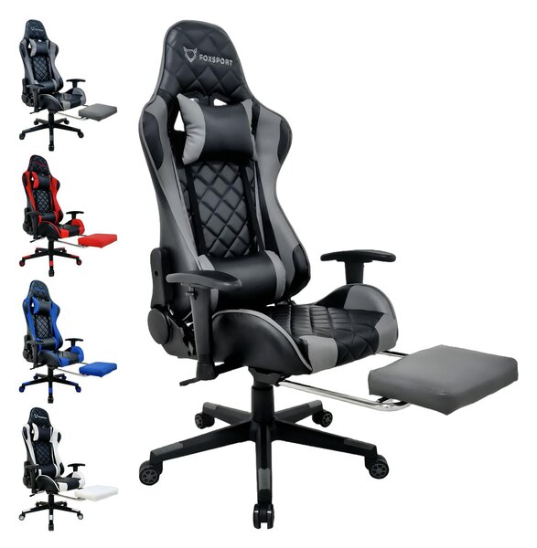 Sedia da gioco FOXSPORT Sedia da ufficio ergonomica dal design racing fino a 150 kg, con poggiapiedi retrattile, poggiatesta regolabile e supporto lombare - grigio