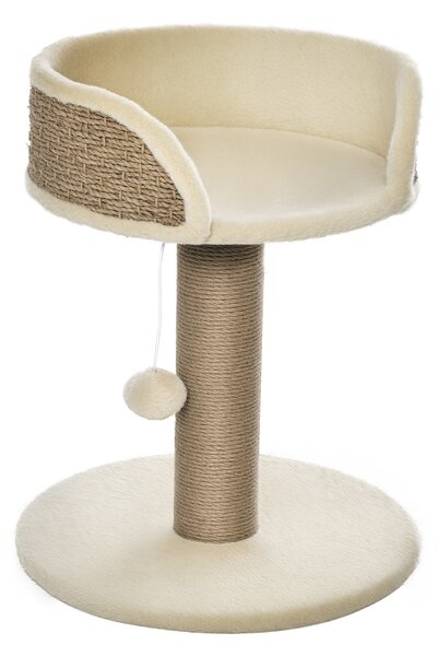 PawHut Albero Tiragraffi per Gatti con Lettino, Palo in Juta e Pallina Appesa, 40x40x49cm, Beige|Aosom