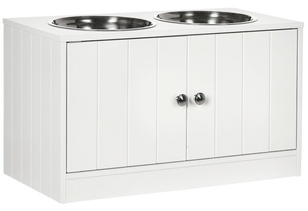 PawHut Ciotole per Cani Rialzate con Armadietto da 44L e 2 Ciotole in Acciaio, 60x30x35.5cm, Bianco|Aosom