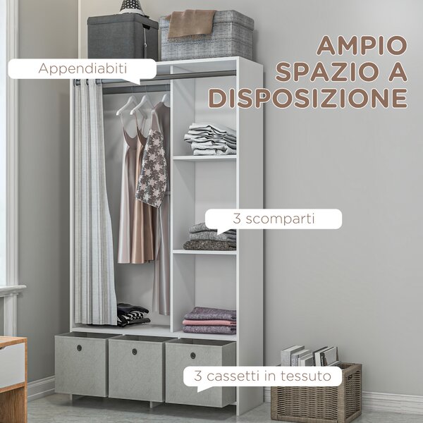 HOMCOM Armadio Guardaroba con Barra Appendiabiti, 3 Cassetti in Tessuto e 3 Ripiani, 105x48x160 cm, Bianco e Grigio | Aosom Italy