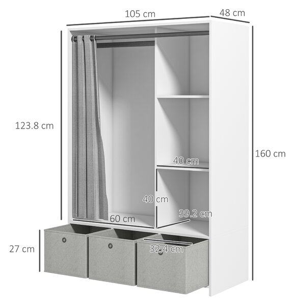 HOMCOM Armadio Guardaroba con Barra Appendiabiti, 3 Cassetti in Tessuto e 3 Ripiani, 105x48x160 cm, Bianco e Grigio | Aosom Italy