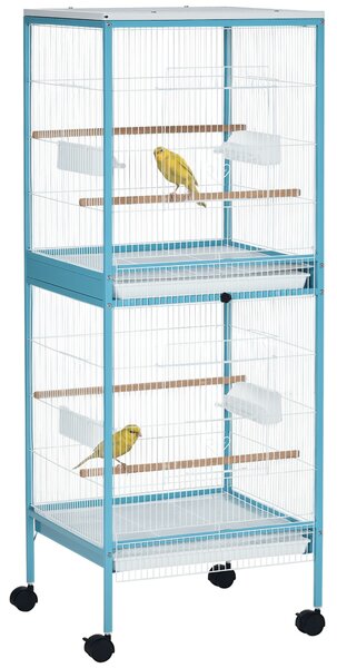 PawHut Gabbia per Uccelli 2 in 1 Voliera per Interni con 4 Ruote Girevoli, Vassoi Estraibili e Contenitori in Plastica, 51.5x50x140cm, Azzurra|Aosom