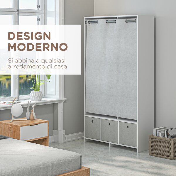 HOMCOM Armadio Guardaroba con Barra Appendiabiti, 3 Cassetti in Tessuto e 3 Ripiani, 105x48x160 cm, Bianco e Grigio | Aosom Italy