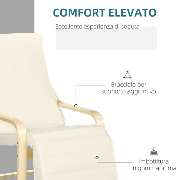 HOMCOM Poltrona Relax con Poggiapiedi a 5 Livelli e Poggiatesta, Legno di Betulla e Tessuto, 66,5x94x100 cm, Crema | Aosom Italy