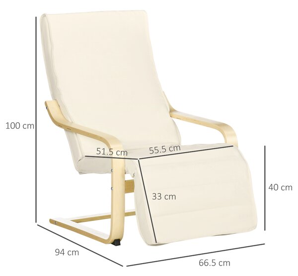 HOMCOM Poltrona Relax con Poggiapiedi a 5 Livelli e Poggiatesta, Legno di Betulla e Tessuto, 66,5x94x100 cm, Crema | Aosom Italy
