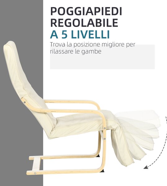 HOMCOM Poltrona Relax con Poggiapiedi a 5 Livelli e Poggiatesta, Legno di Betulla e Tessuto, 66,5x94x100 cm, Crema | Aosom Italy