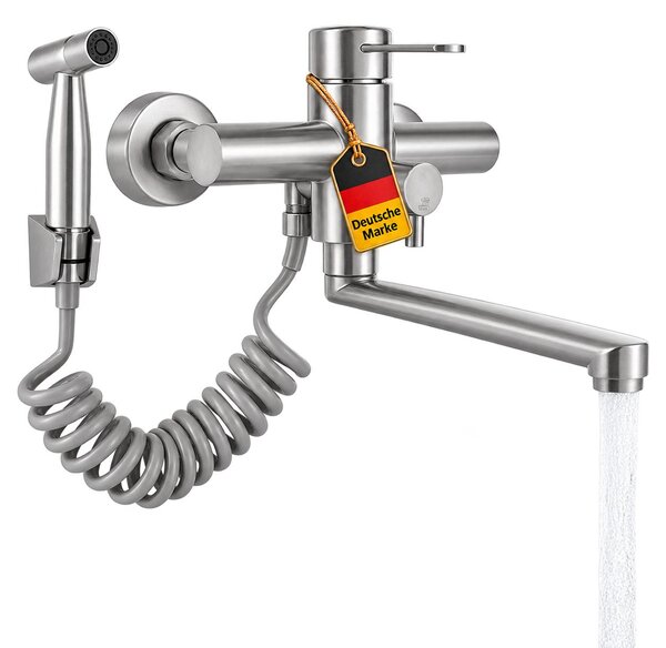 KLARWERK® Max | Rubinetto per uso professionale da montare a parete, finitura argento spazzolato | Miscelatore in acciaio inossidabile con doccetta, dotato di due getti e beccuccio piatto