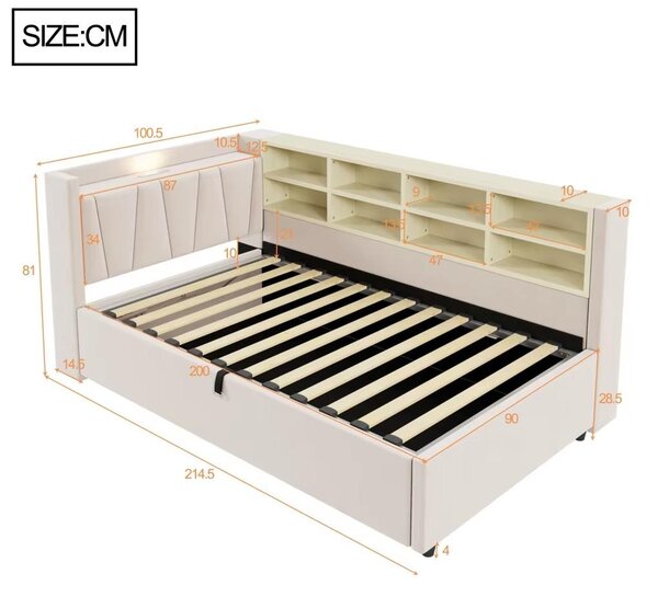 Divano letto Samt - Divano letto pieghevole 90 x 200 cm - Con spazio contenitore - Meccanismo di sollevamento idraulico - Poggiatesta imbottito - Colore beige