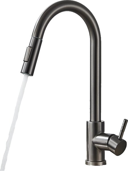 KLARWERK® JANA | Miscelatore da cucina estensibile in acciaio inossidabile, colore grigio titanio | Miscelatore alto con ampio arco | Rubinetto per uso professionale, resistente all'alta pressione, rotazione a 360°, 2 attacchi