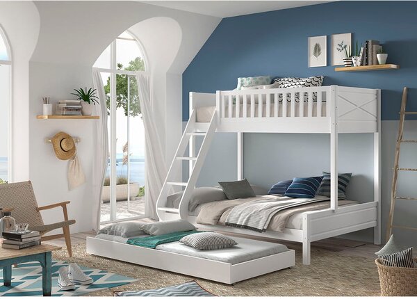 Letto a castello in pino bianco con spazio contenitivo 140x200/90x200 cm SCOTT - Vipack