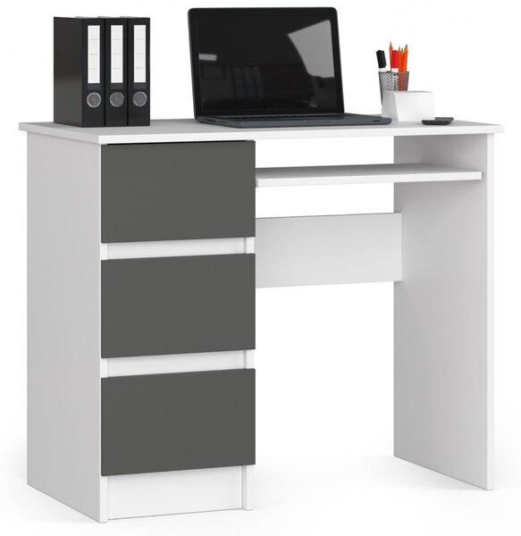 Scrivania A-6 Bianca e Grigio Grafite Sinistra con Cassetto Estraibile per Tastiera e 3 Cassetti
