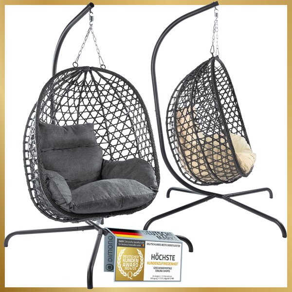 Poltrona sospesa premium con struttura e cuscini in grigio | Poltrona a cesto sospesa per interni ed esterni | Sdraio sospesa in polyrattan | Portata massima 120 kg