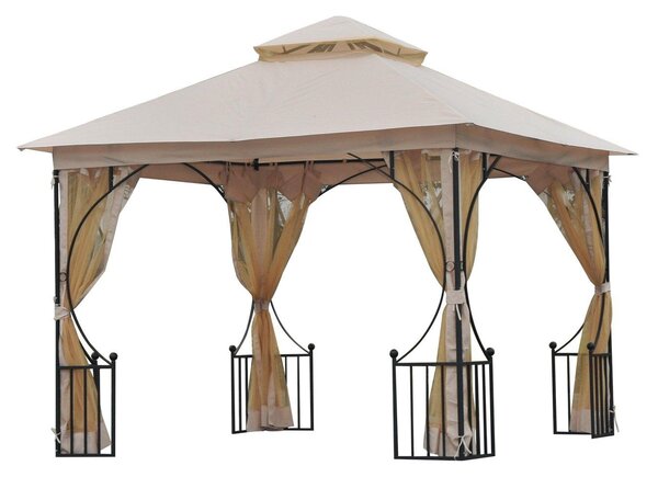 Gazebo da Giardino 3x3M in Metallo con Doppio Tettuccio e Pareti in  Poliestere Beige