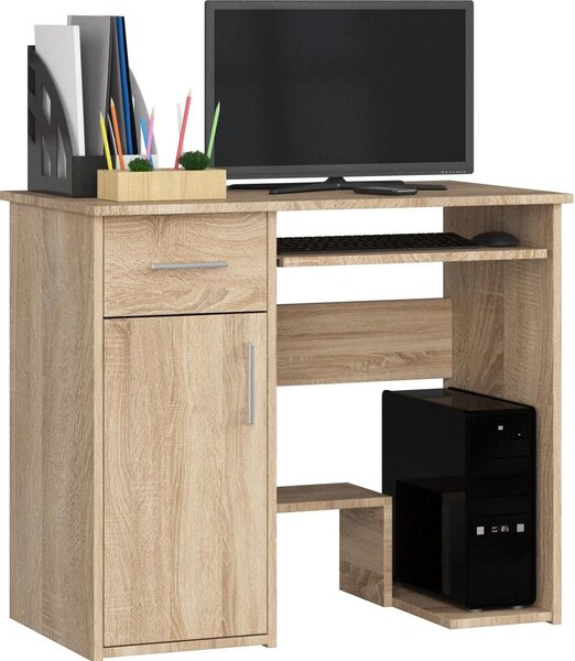 Scrivania Db Sonoma - Alta Qualità e Design Elegante con Ripiano Estraibile per Tastiera e Maniglie Color Argento