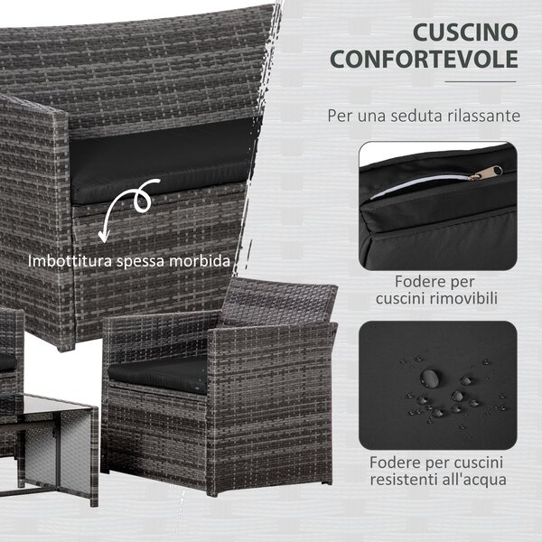 Outsunny Set 4 P.zi Mobili da Giardino in Rattan (PE), Salotto da Esterni con Tavolo, 2 Sedie, Divano due posti, Grigio|Aosom