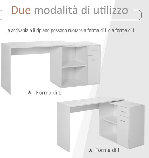 HOMCOM Scrivania Angolare con Libreria Scaffale in Legno Bianco, Tavolo da Pranzo per Computer Rotazione a 360°|Aosom