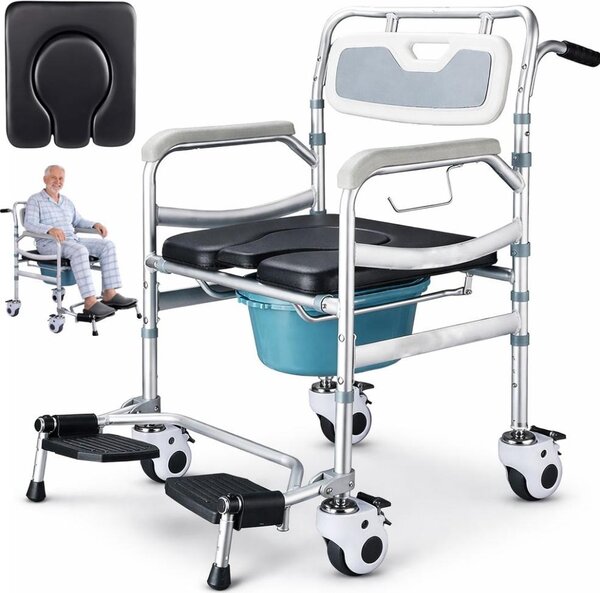 Sedile WC multifunzionale 5 in 1, WC mobile, Linomag®, rivestimento rimovibile, sedile doccia, per anziani o persone con mobilità ridotta, impermeabile, grigio chiaro/nero