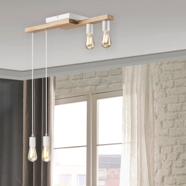 Lampadario a sospensione con filo CORTINA 4xE27/15W/230V bianco/quercia