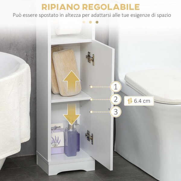 Kleankin Mobile Bagno Colonna con 3Ripiani Aperti e Armadietto a 2Livelli Regolabile,Maniglia in alluminio, in Legno, 23x18x100 cm, Bianco|Aosom Italy