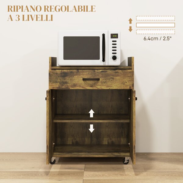 HOMCOM Carrello da Cucina con Cassetto, Armadietto e 4 Ruote in Legno, 60x40x77cm, Marrone Rustico