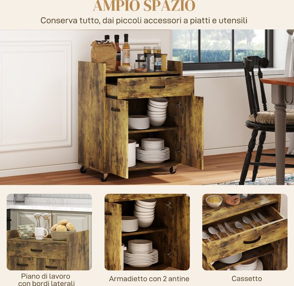 HOMCOM Carrello da Cucina con Cassetto, Armadietto e 4 Ruote in Legno, 60x40x77cm, Marrone Rustico