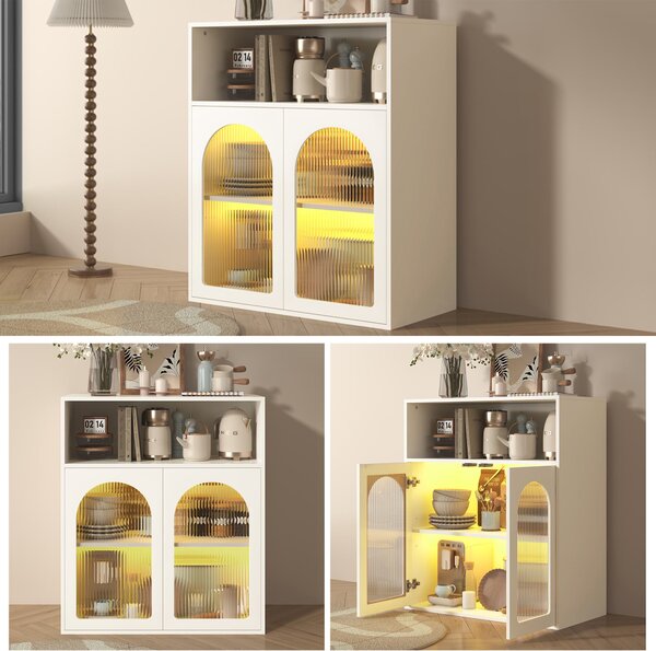 Credenza con anta in vetro e luce LED, Mobiletto Indipendente, per Cucina, Casa, Soggiorno, Bianco