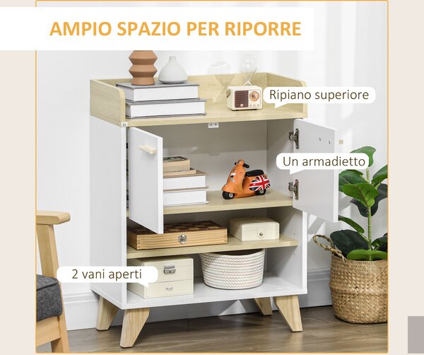 HOMCOM Mobiletto Multiuso con Armadietto e Ripiani Aperti, Mobile per Soggiorno, Cucina, Ufficio in Legno Bianco, 60x30x78cm