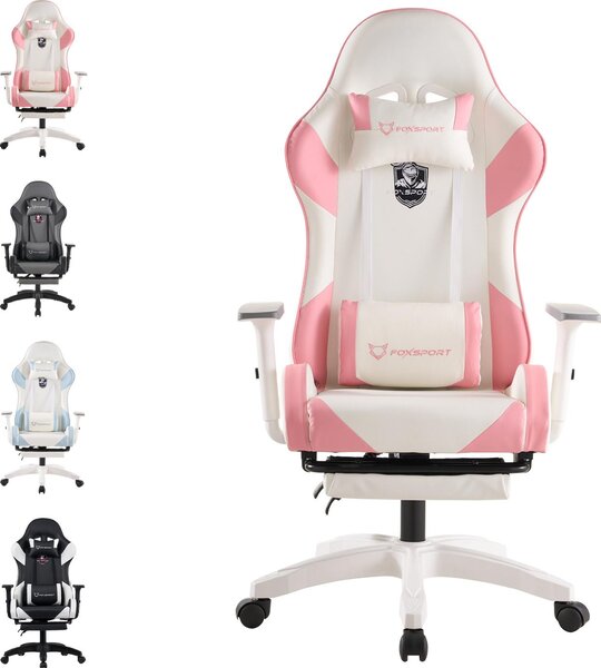 FOXSPORT sedia da gioco sedia da ufficio ergonomica con poggiapiedi retrattile+cuscino lombare+poggiatesta+braccioli flessibili sedia per computer fino a 150kg rosa