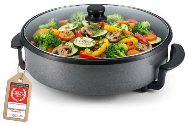 TZS Prima Austria, padella elettrica multifunzione, 6,5L | diametro 40cm, 1500W, 240°C | 5 livelli di temperatura | Termostato e coperchio in vetro | Rivestimento antiaderente | Grigia *Prodotto di seconda scelta*