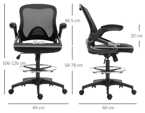 Vinsetto Sedia da Ufficio Traspirante ad Altezza Regolabile con Braccioli Ribaltabili, 64x60x106-126 cm, Nera
